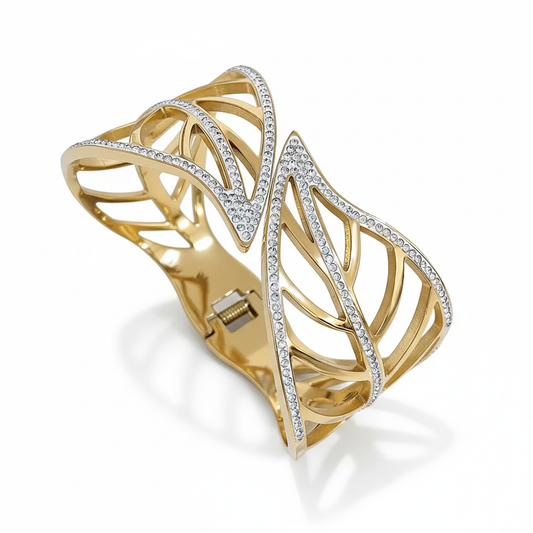 Bracelet Manchette Feuille Dorée Acier Inoxydable