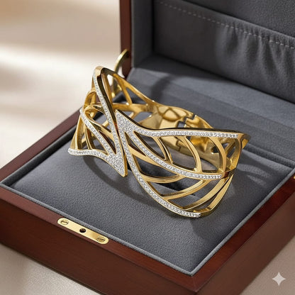 Bracelet Manchette Feuille Dorée Acier Inoxydable